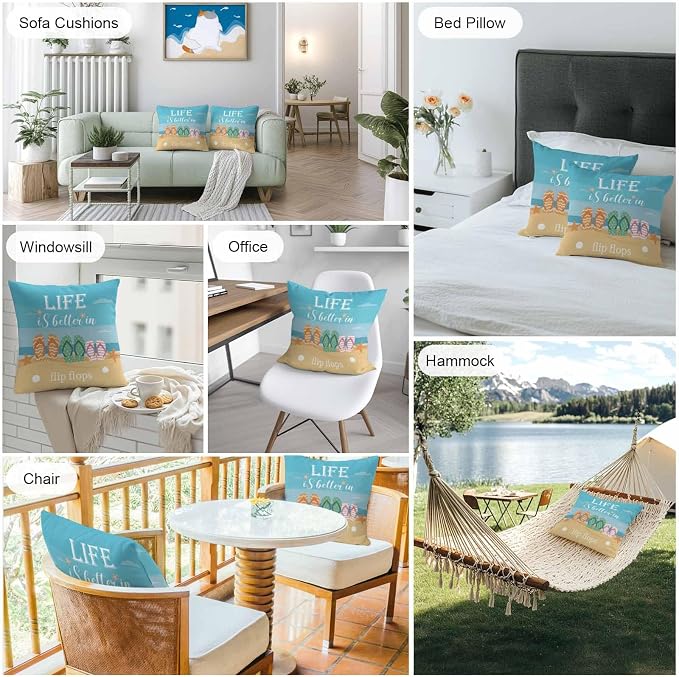 Outdoor Waterproof Pillow Covers for Patio Furniture Summer Beach Decorative Throw Pillow Cover Life Is Better in Flip Flops Pillowcases Set of 2 Cushion Case for Sofa Couch Chair Home Decor 18x18inch