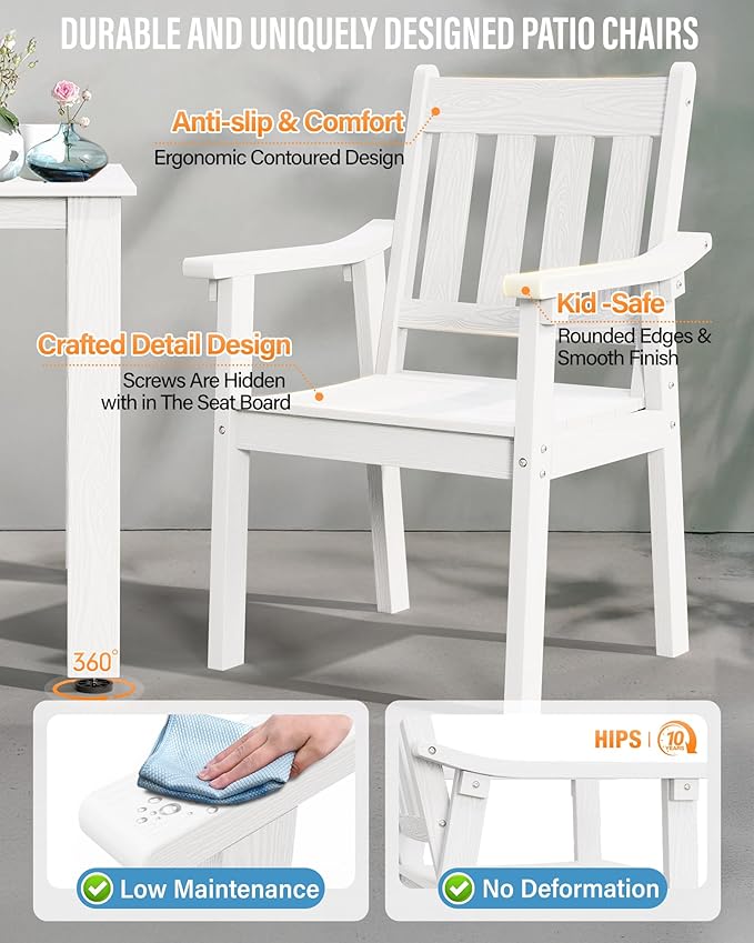 YEFU HIPS Patio Table Set: 5 Piece Outdoor Table and Chairs Dining Furniture Set with Umbrella Hole - White Modern Plastic Dining Sets 4 Person for Outside Deck with Metal Aluminum Frame