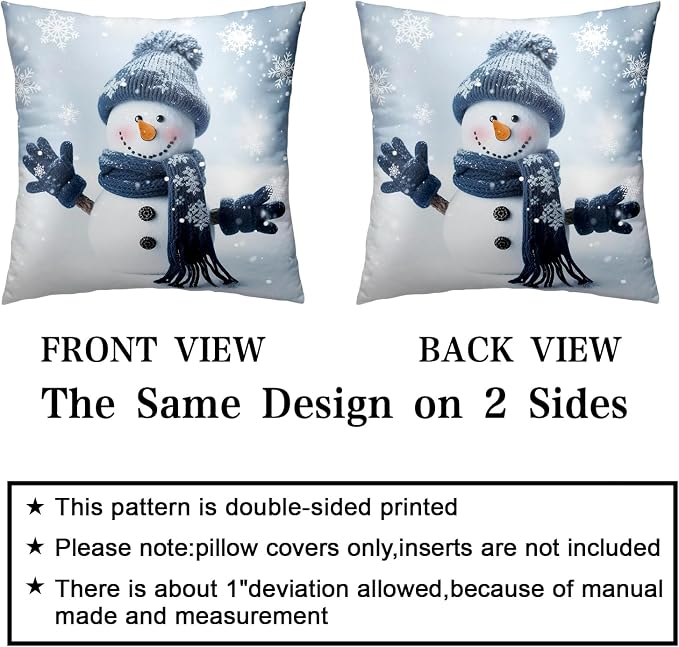 Snowman Pillow Covers 16x16 Set of 2 Winter Throw Pillow Cover Snowflake Pillowcase Simple Christmas Decor Cushion Covers Cotton Blend for Bed Sofa Living Room