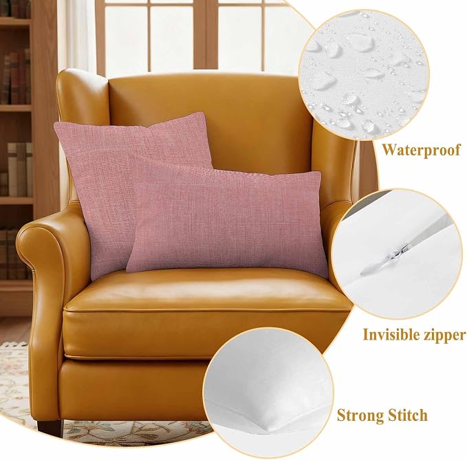 Outdoor Waterproof Throw Pillow Covers Set of 2 Peach Pink Linen Pillowcases 26x26 Inches Farmhouse Pure Color Decorative Pillows Cushion Case Patio Pillows for Couch Bed Chair Garden