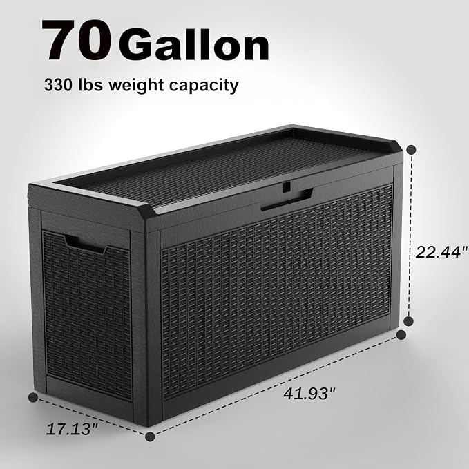 EasyUp 70 Gallon Deck Boxes Outdoor Waterproof, Resin Outside Storage Box for Patio Cushion Furniture Pool Accessories Garden Tools Indoor Outdoor Storage Bench (70 Gallon, Black)