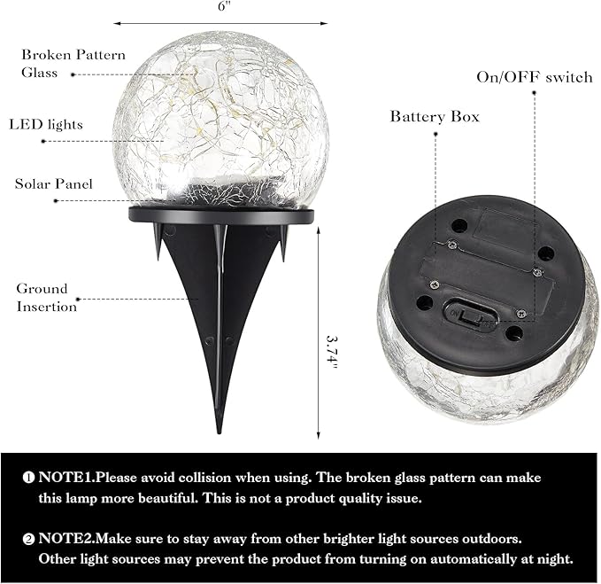 Honoson 6 Inch Solar Globe Lights Outdoor - Waterproof Cracked Glass Balls for Lawn Patio Yard Backyard Decorations, Warm White Solar LED Lights with Easy Installation,Durable Design (4 Pcs)
