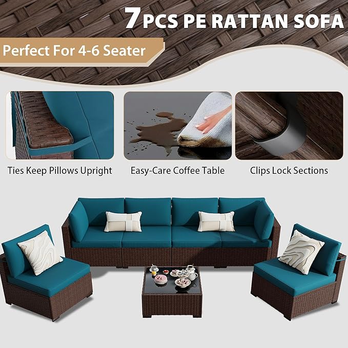 KIGOTY Patio Furniture Set,7 Pieces Modular Outdoor Sectional Sofa, PE Rattan Patio Conversation Set, All Weather Wicker Patio Furniture with Cushions and Coffee Table（Brown/Peacock Blue）
