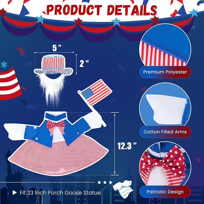 Patriotic Porch Goose Outfits for 23 Inch Statue | 4th of July Uncle Sam Costume for Cement Statue, 250th Anniversary USA Sculpture Clothes for Patio Party Decoration