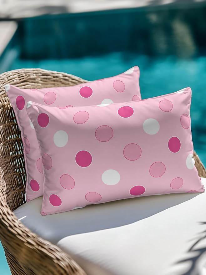 Waterproof Outdoor Pillow Set of 2 Pink Polka Dots Decorative Throw Pillows Cover & Insert 20x12 Inch Lumbar Pillowcase Funny Circles Spots Pillows for Couch Sofa Bed Patio Furniture Indoor Outdoor