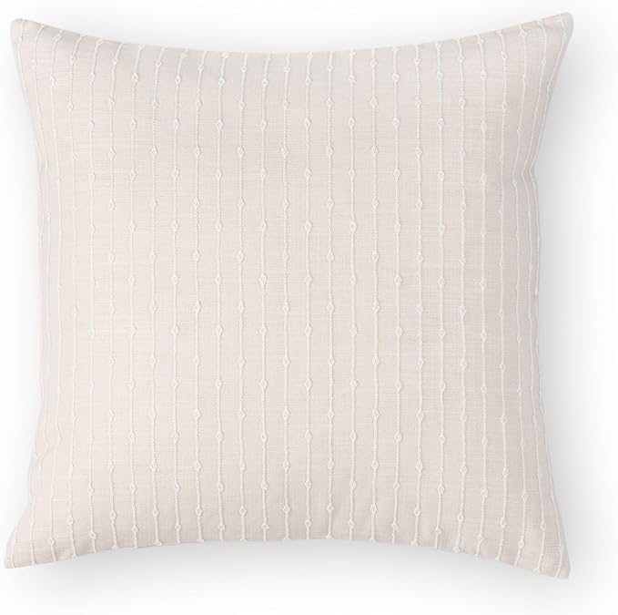 Coastal Linen Indoor Outdoor Throw Pillow Cover Only, 20"x20" Water Repellent for Patio, Backyard, Couch, Neutral Beige Embroidered Stripes