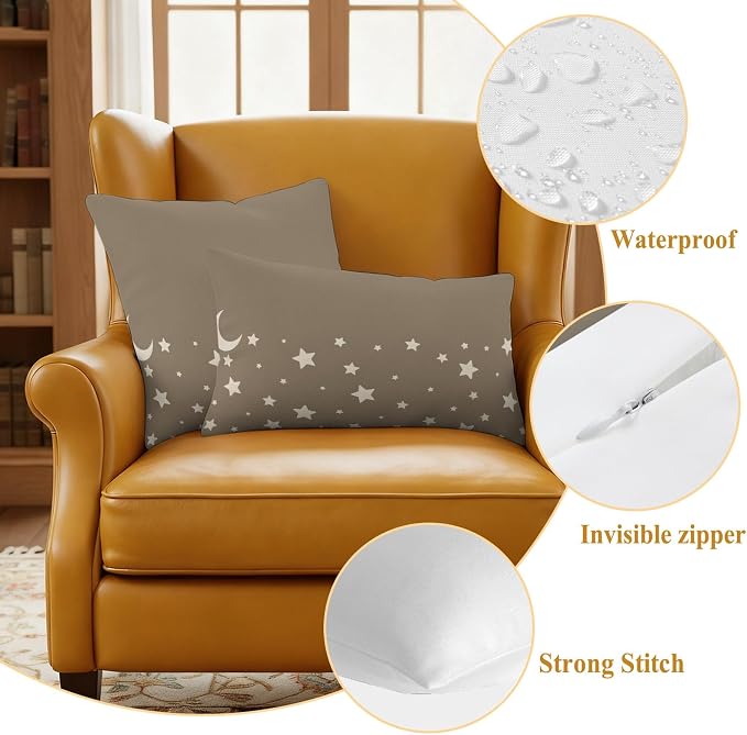 Stars Moon Waterproof Outdoor Pillow Covers Set of 2 Home Decor, Starry Night Khaki Lumbar Pillowcase Patio Pillow Covers for Couch Bench Patio Furniture Garden 20x12in