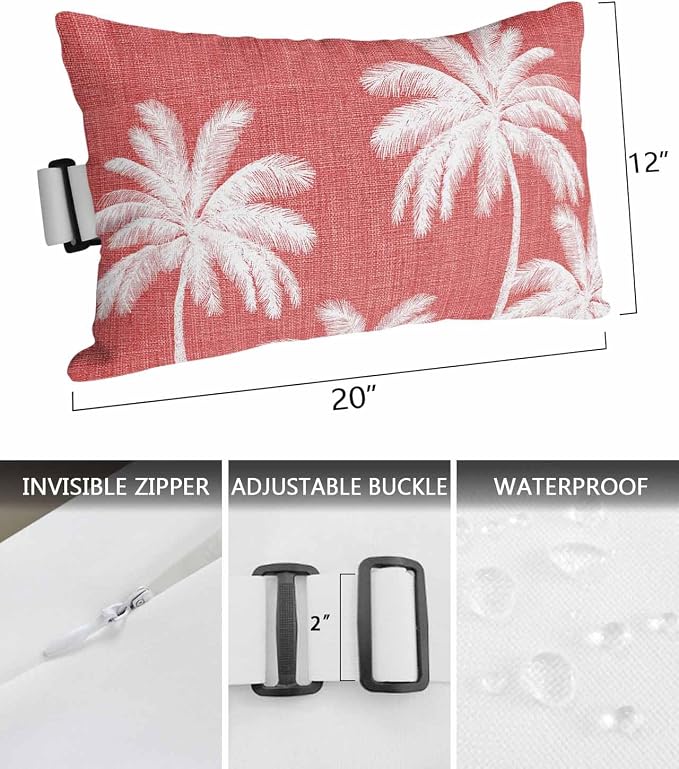 Pack of 2 Outdoor Lumbar Pillow Covers 12x20 Inch, Coral Red Palm Trees Waterproof Throw Pillow Covers Set, Farmhouse Tropical Summer Beach Indoor&Outdoor Decorative Cushion Cases for Patio Porch Car
