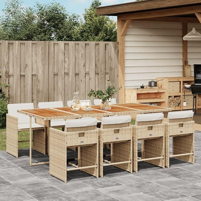 9-Piece Patio Dining Set with Cushions Beige PE Rattan Outdoor Furniture Set for Backyard Garden Balcony Porch Foldable Chairs & Acacia Wood Table
