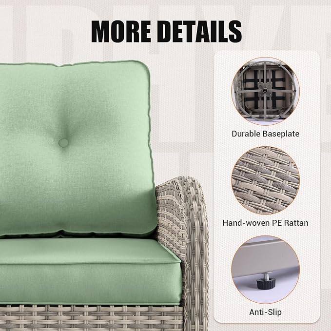 10Pcs Patio Rocking Swivel Chair with 55,000 BTU Fire Pit Table Outdoor Wicker Rattan Bistro Set with Tempered Glass Side Table, Patio Furniture Set for Garden and Balcony, Light Green