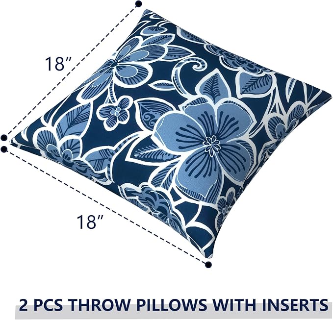 Outdoor Pillows for Patio Furniture 18x18 inch, Square Outdoor Throw Pillows with Inserts, Decorative Toss Pillows for Garden Couch Home Sofa Office Chair, Pack of 2,Flower Navy