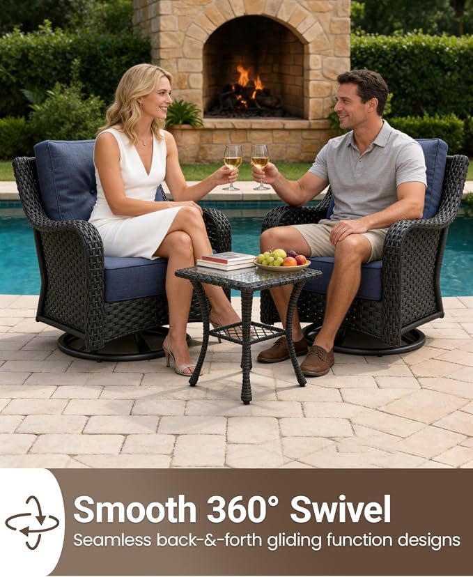 7 Pieces Outdoor Furniture Set with 6-inch Cushions, High Back Wicker Swivel Rocker Chairs with Coffee Table, Luxury Conversation Set for Deck Patio and Poolside