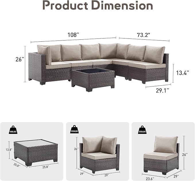 Bonzy Home 7 Pieces Outdoor Patio Furniture Set, PE Rattan Outdoor Sectional Furniture Sofa Set with Removable Cover and Glass Coffee Table, Patio Sofa for Balcony, Porch, Garden, (Brown-Grey)