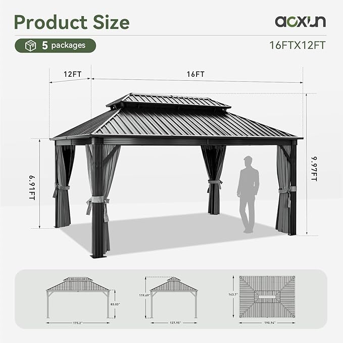 Aoxun 12FT X 16FT Hardtop Gazebo, Outdoor Pergolas with Mosquito Netting and Curtains, Galvanized Steel Double Roof Permanent Metal Gazebo, for Gardens, Decks, Patios, Parties