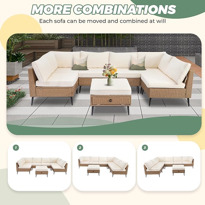 LVUYOYO 7 Pieces Outdoor Patio Furniture Set, Wicker Sectional Sofa Set for All-Weather, Rattan Conversation Sets with Cushions and Storage for Deck, Backyard, Porch (Khaki)