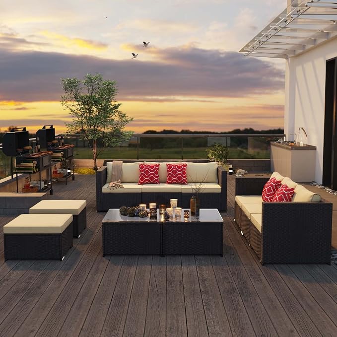 Aiho Patio Furniture Set All Weather Outdoor Sectional Patio Sofa Set with Tempered Coffee Table, for Backyard Porch, Beige
