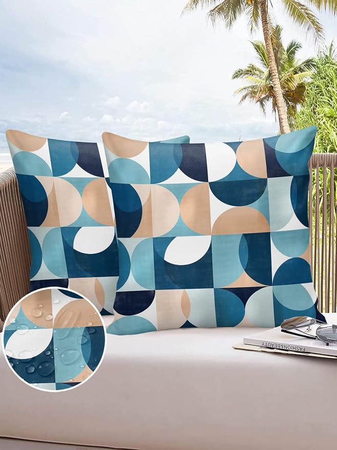 Vandarllin Outdoor Throw Pillows Covers 18x18 inch Set of 2 Waterproof Mid Century Geometric Decorative Zippered Cushion Covers for Patio Furniture, Abstract Modern Blue Lumbar Pillowcases