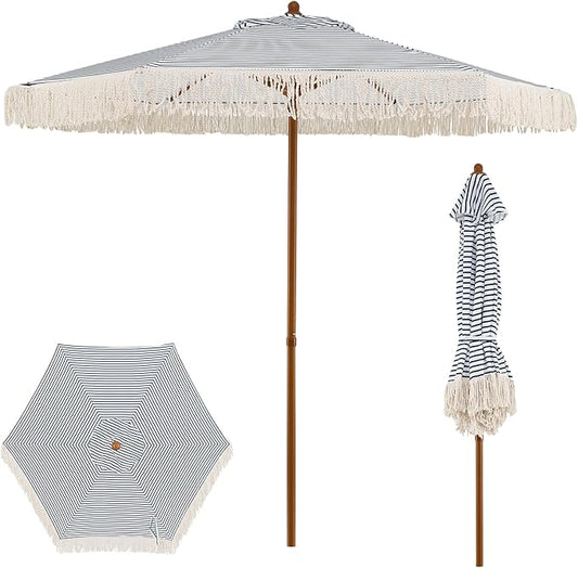 HAPPYGRILL 7 FT Patio Umbrella with Fringe, Outdoor Tassel Umbrella w/Sun-Protective Polyester Canopy, Wood-like Aluminum Pole, Air Vent, Boho Market Table Umbrella for Beach Backyard Poolside