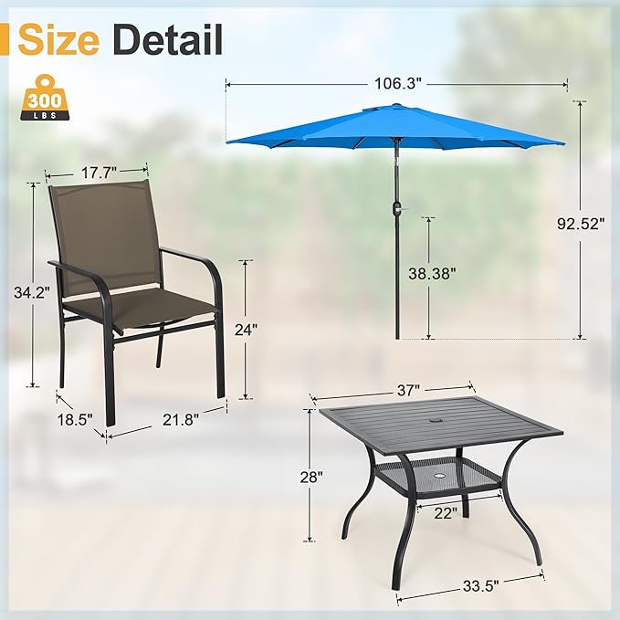 Crownland 5 Piece Patio Dining Set, Outdoor Textilene Dining Sets, 4 Textilene Metal Chairs and Square Outdoor Dining Table with Sky Blue 9FT Round Outdoor Umbrella (Brown)