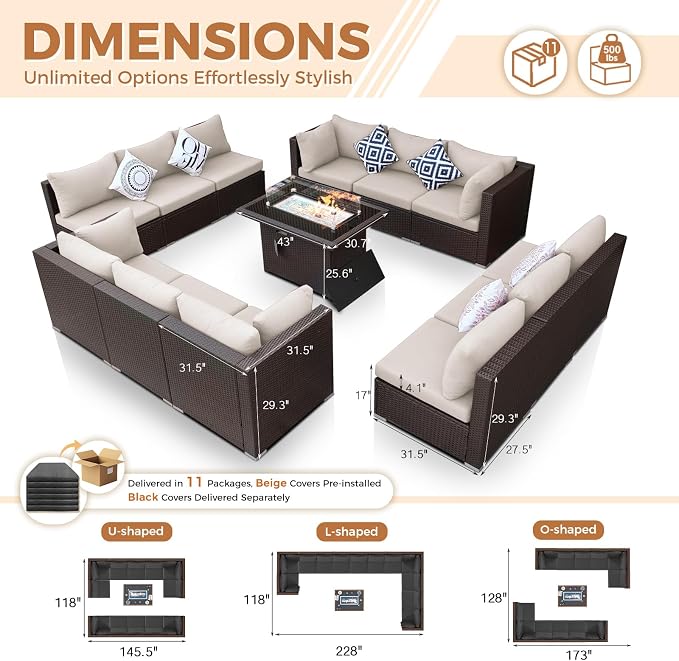 BULEXYARD 13 Piece High Back Wicker Patio Furniture Sets with Fire Pit, Elegant Oversized Outdoor Seating Set Modular, Comfy Extra Deep Wide 12-Person Sectional Couch Sofa for Backyard, Brown & Black