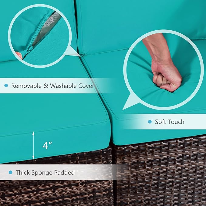 Tangkula 7-Piece Outdoor Patio Furniture Set with 42" Propane Fire Pit Table, Outdoor Wicker Conversation Set with Cushions and Tempered Glass Coffee Table, 50,000 BTU Gas Fire Pit Table (Turquoise)