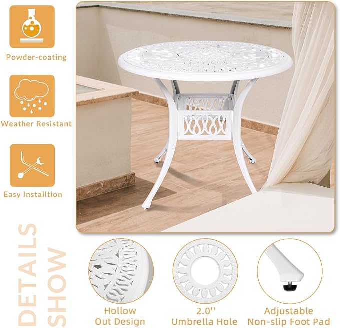 3-Piece Outdoor Patio Dining Set, All-Weather Cast Aluminum Patio Furniture Set for Backyard Garden Deck with 2 Swivel Cushioned Chairs and 35.4” Round Table, 2" Umbrella Hole, White