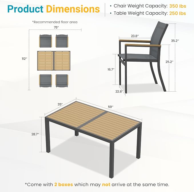 5-Pieces Aluminum Patio Table and Chairs Set, Outdoor Patio Furniture Set with Heavy Duty HDPS Rectangular Table, All-Weather Outdoor Dining Set with Quick-Drying Breathable Textilene Chairs for Porch