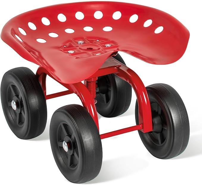 LDAILY Garden Seat with Wheels 11"-16" Adjustable Height for Lawn Planting | Rolling Garden Cart with Seat, 360° Rotatable Heavy-Duty Utility Stool Cart for Yard Work, Patio Gardening (Red)