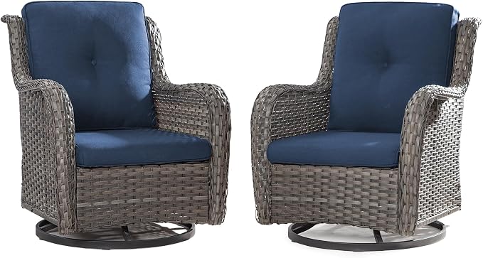 Outdoor Swivel Rocker Patio Chairs Set of 2 - Outdoor Wicker Swivel Glider Chairs 2 Pieces with Olefin Fabric Cushions Suitable for Backyard Deck and Porch(Mixed Grey/Blue)