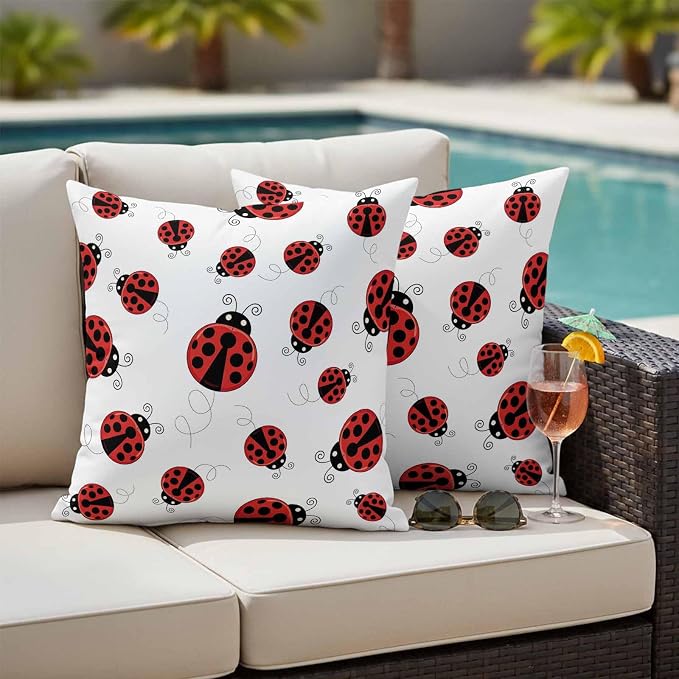 Cartoon Ladybug Outdoor Pillow Covers 20x20 Inch Throw Pillow Covers Set of 2 Waterproof Decorative Pillow Cases Funny Animals Dot Modern Simple Cushion Covers for Patio Furniture Garden Couch Sofa