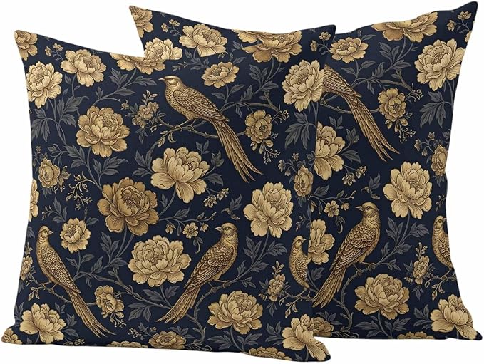 Vintage Gold Navy Blue Floral Outdoor Pillow Covers 26"x26" Set of 2, Bird Peony Flower Traditional Waterproof Throw Pillow Covers for Patio Furniture, Decorative Cushion Covers for Porch