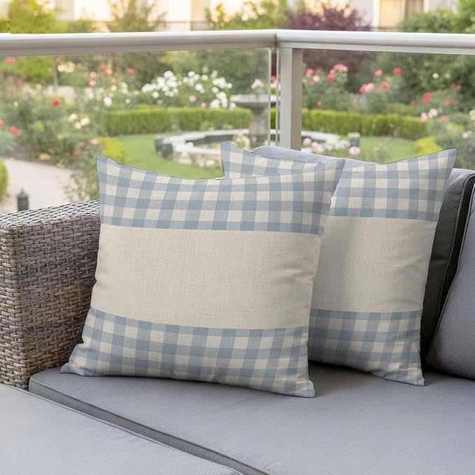 Retro Blue Outdoor Waterproof Pillow Covers, Farmhouse Buffalo Plaid Vintage Beige Decorative Square Throw Pillowcase Sofa Cushion Sham for Patio/Couch/Chair, 16"x16" 2 Pack