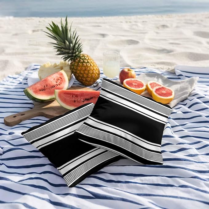 Vandarllin Outdoor Throw Pillows Covers 20x20 inch Set of 2 Waterproof Black Stripes Decorative Zippered Cushion Covers for Patio Furniture, Striped Lines Lumbar Pillowcases