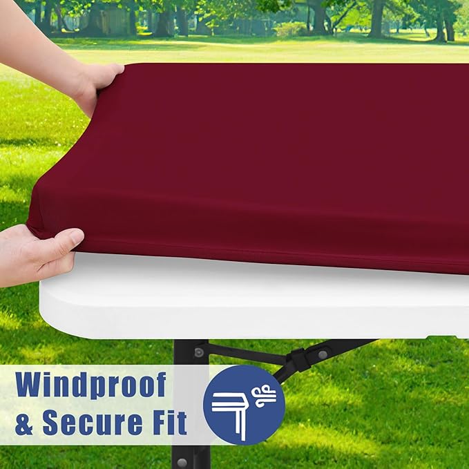 Moosfor Spandex 4 Foot Rectangle Table Cloth 2 Pack, Elastic Fitted Tablecloths for Picnic, Stretch Washable Patio Table Cover for Outdoor, Camping, Banquet and Parties (Wine Red, 30"x48")