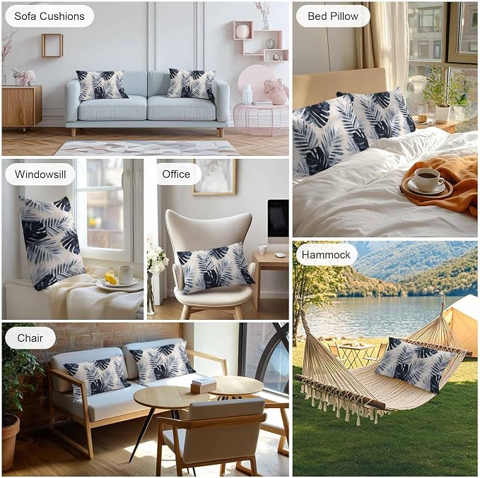 Pack of 2 Waterproof Outdoor Pillow Covers 20x12 Inch Decorative Pillow Covers Navy Blue Palm Leaves Throw Pillowcases Tropical Botanical Retro Outdoor Cushion Cover for Couch, Patio, Tent