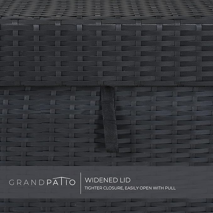 Grand 170 Gallon Deck Storage Bin - Outdoor/Indoor Wicker Storage for Patio Furniture Cushions, Garden Tools, Pool Accessories - Black