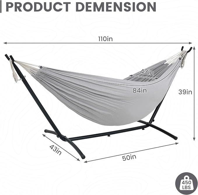 Lazy Daze Portable Hammock with Stand, Free Standing Hammocks for Indoor Outdoor Patio Yard, Has a Carrying Bag and Pillow, 9ft Hamacas Heavy Duty 2 Person Amaca 450 lbs Capacity(Light Gray)