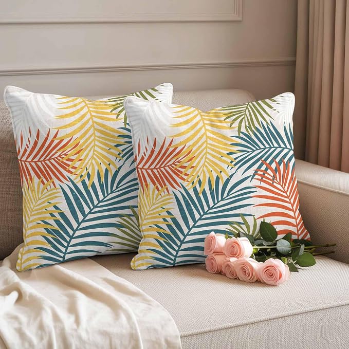 Outdoor Waterproof Throw Pillow Covers, Orange Green Yellow Palm Leaves Decorative Pillow Cases, Summer Botanical Tropical Leaf Couch Pillow Protector Patio Sofa Cushion Covers 20"x20" 2 Pack