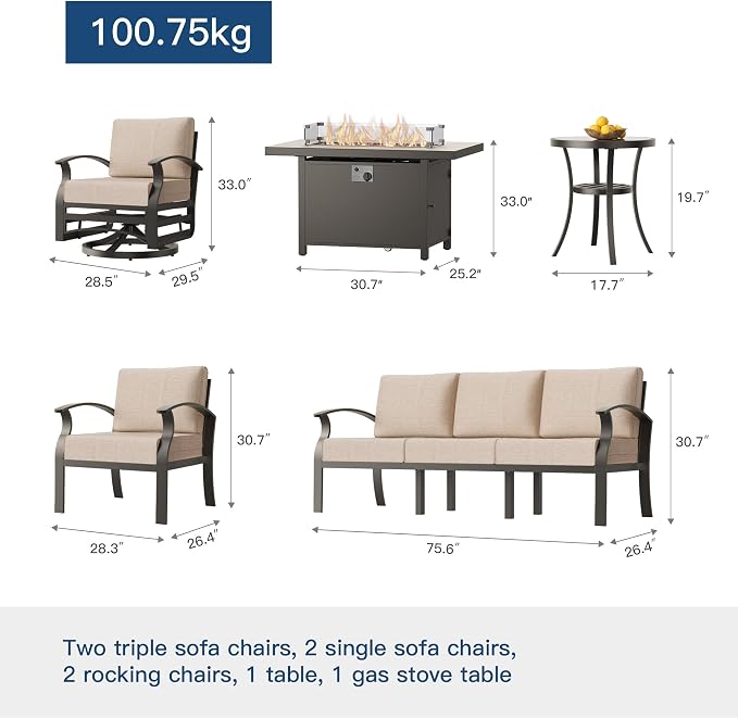 Kullavik Aluminum Patio Furniture Set,8 Piece Modern Metal Outdoor Patio Furniture w/5.1'' Thick Cushion,Swivel Chairs and 45" Propane Fire Pit Table,Patio Conversation Sets for Porch,Deck,Sand
