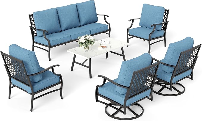 SUNSHINE VALLEY 6 Piece Metal Outdoor Patio Furniture Set, Patio Conversation Sets 1 3-Seater Sofa, 2 Swivel Chair, 2 Leg Chair with 5.75" Thick Cushion and Coffee Table, Backyard Furniture Set, Navy