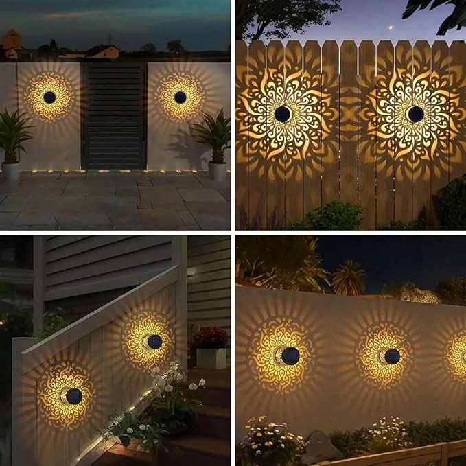 DDRIC Decorative Solar Mandala Lights, Metal Solar Powered Outdoor Wall Sconces, Waterproof Step Lights, Warm Yellow Glow, for Garden Fence Patio Deck Yard Decor (3PCS)