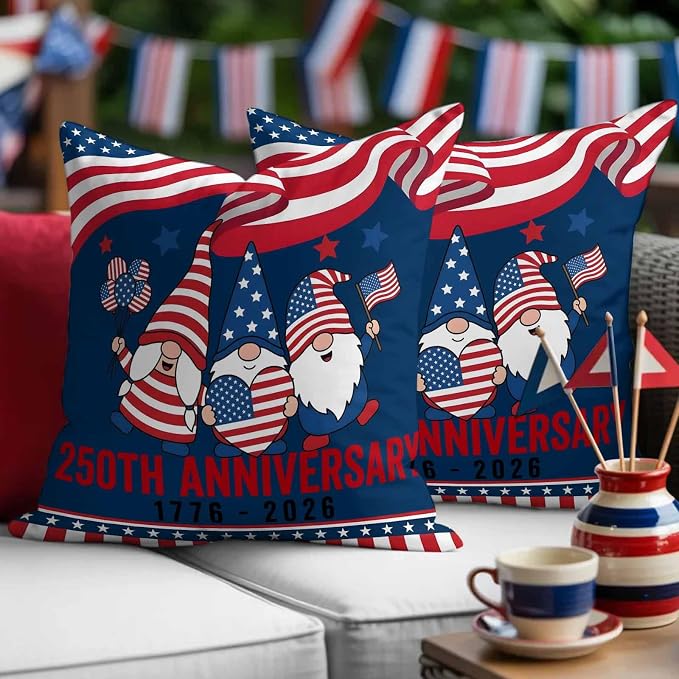 250th Anniversary Outdoor Pillow Covers 16"x16" Set of 2, Patriotic Gnome USA Flag Independence Day Waterproof Throw Pillow Covers for Patio Furniture, Decorative Cushion Covers for Porch
