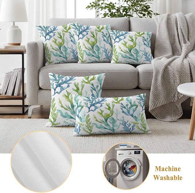 JasmineM Outdoor Pillow Cover 16x16 Inches Set of 2 Blue Teal Coral Waterproof Throw Pillow Covers Watercolor Green Decorative Pillowcases Garden Cushion Case for Patio Couch Sofa