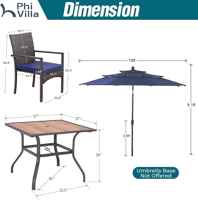 PHI VILLA 5pc Patio Dining Set with Umbrella, Square Table, Rattan Chairs | Includes 37" square metal table, 4 cushioned rattan chairs, and 10ft blue umbrella. Perfect for patio, deck, yard, or porch