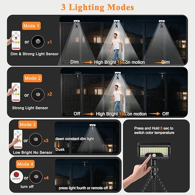 Motion Sensor Solar Lights Outdoor with Octopus Tripod, 360° Rotatable 600LM 92 LED Fence Light with Remote Control, 3 Color Modes, IP65 Waterproof Security Light for Deck Fence Camping (1 Pack)