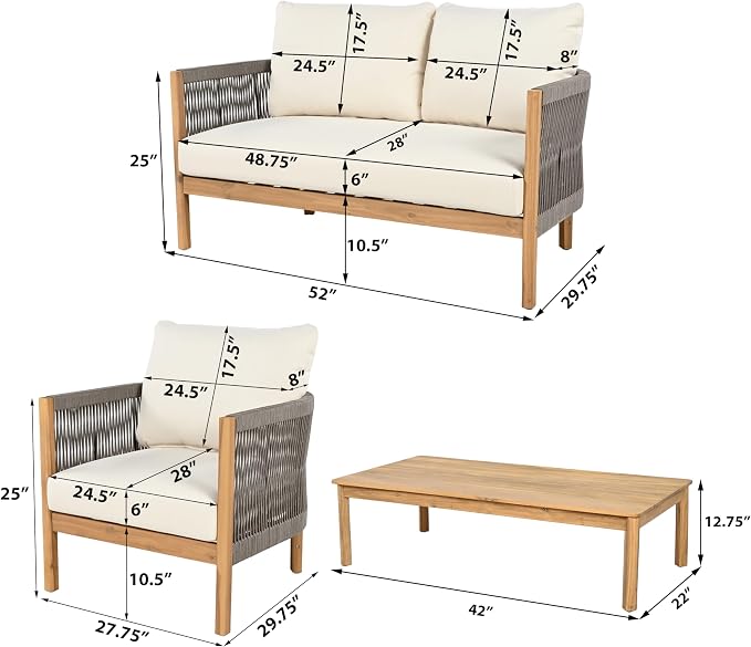 Christopher Knight Home Havets 4 Pieces Outdoor Acacia Furniture Set, Woven Rope Loveseat and Accent Club Chairs, Conversation Sets with 6" Thick Cushions for Backyard Garden Balcony, Gray+Beige