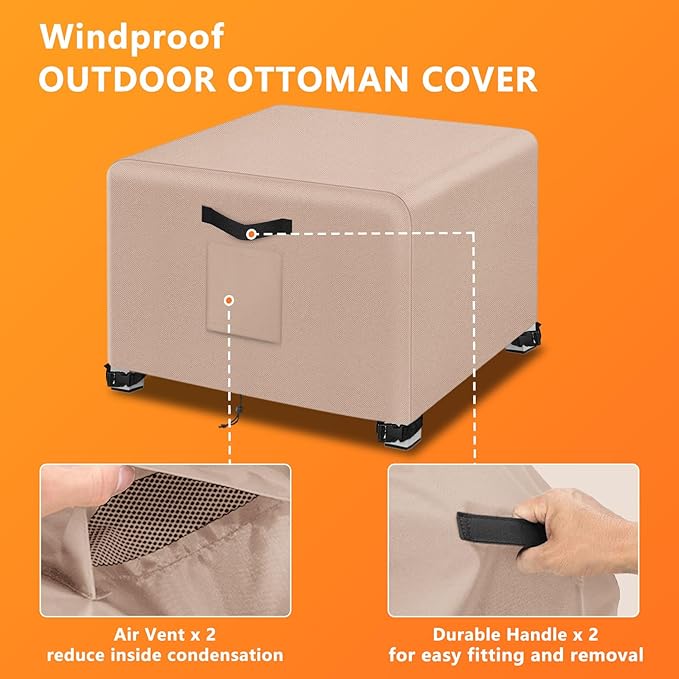 Kovshuiwe 2Pcs-32 L x 32" W x 20" H Outdoor Patio Ottoman Cover, Waterproof Patio Ottoman Cover, Heavy Duty Outdoor Furniture Cover with Padded Handles,Khaki