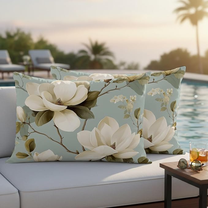 Vintage Floral Outdoor Pillow Covers 20"x12" Set of 2, Magnolia Flowers Branches Rustic Botanical Teal Waterproof Throw Pillow Covers for Patio Furniture, Decorative Cushion Covers for Porch