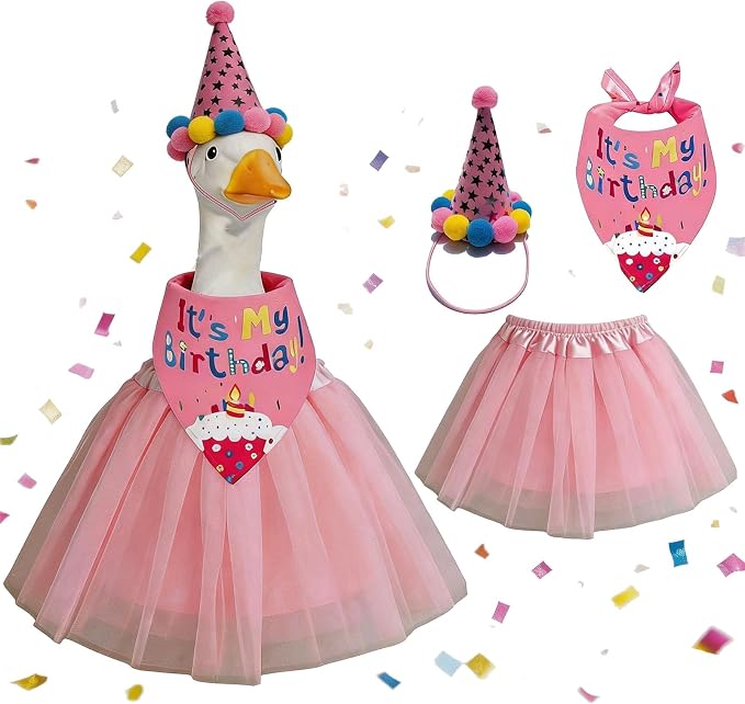 Birthday Porch Goose Outfits - 3Pcs Goose Outfits with Hat, Happy Birthday Bandana and Pink Tutu Skirt for 23 Inch Goose, Birth Party Goose Outfits Porch Goose Decor for Outdoor Garden Yard Patio