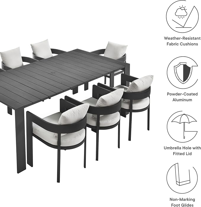 Modway Tahoe Outdoor Patio Powder-Coated Aluminum 9-Piece Dining Set in Gray White - Rectangular Patio Furniture Set for 8 - Outside Table with Umbrella Hole and Cushioned Chairs - Modern Patio Set